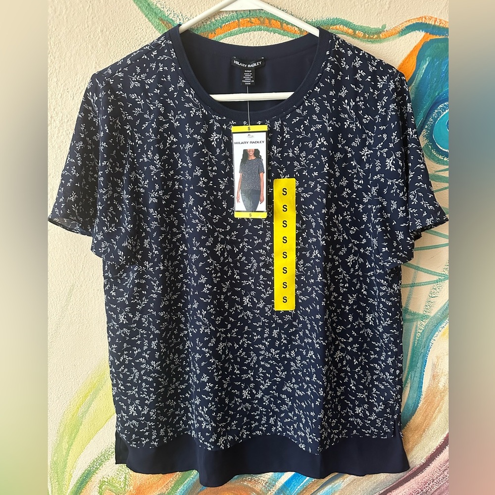 Hilary Radley Navy Blue Patterned Short Sleeve Top